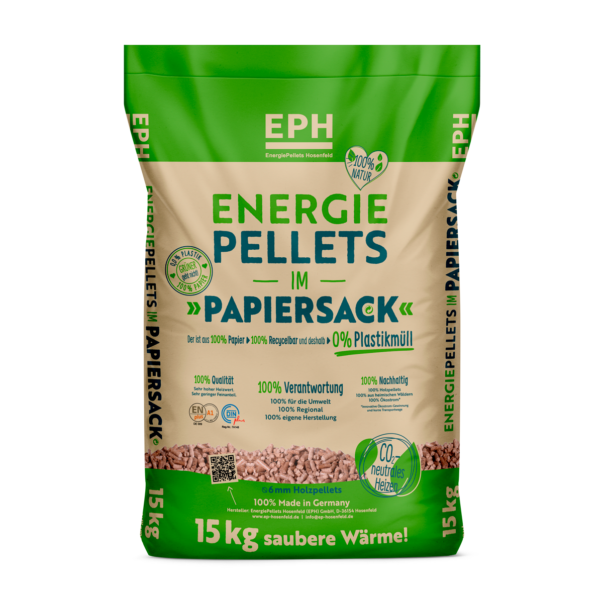 EPH Premium Pellets DINplus/ENPlus A1 – Palette (65 Papier Sack) 975kg